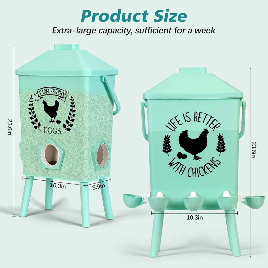 Tgeyd Automatic Chicken Feeder and Waterer Set(4.2Gal/21Lb) with Stand Legs, Anti-Perching Roof, Gravity-Fed System for Poultry,Chicken Coop Accessories