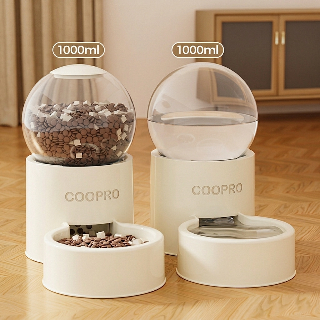 COOPRO Gravity Cat Feeder and Water Dispenser Set - 1000ml Automatic Pet Food Station & Water Fountain for Chick - 2-in-1 Self-Dispensing Pet Feeder Bowls, Modern Aesthetic Design, Beige